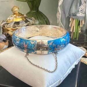 Siam Sterling Silver Blue Enamel Bangle Bracelet Hinged With Chain Extender